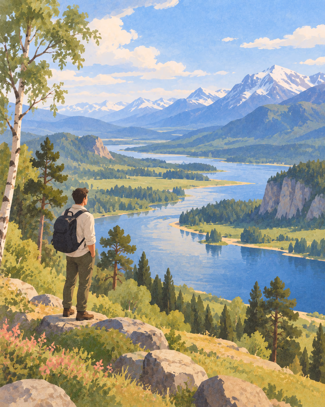 A person with a backpack stands on a rocky hillside overlooking a winding blue river, green forests and meadows, with snow-capped mountains beneath a partly cloudy sky.