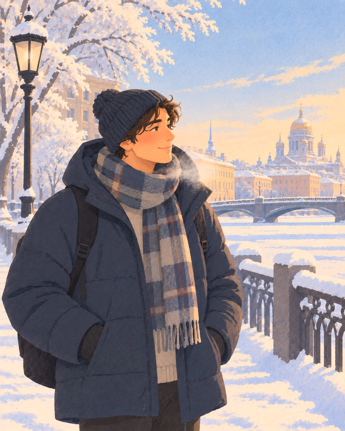 A young person in a navy winter coat, knit hat and plaid scarf stands beside a snowy canal. A glowing streetlamp, snow-covered trees, a bridge and a domed cathedral fill the background.