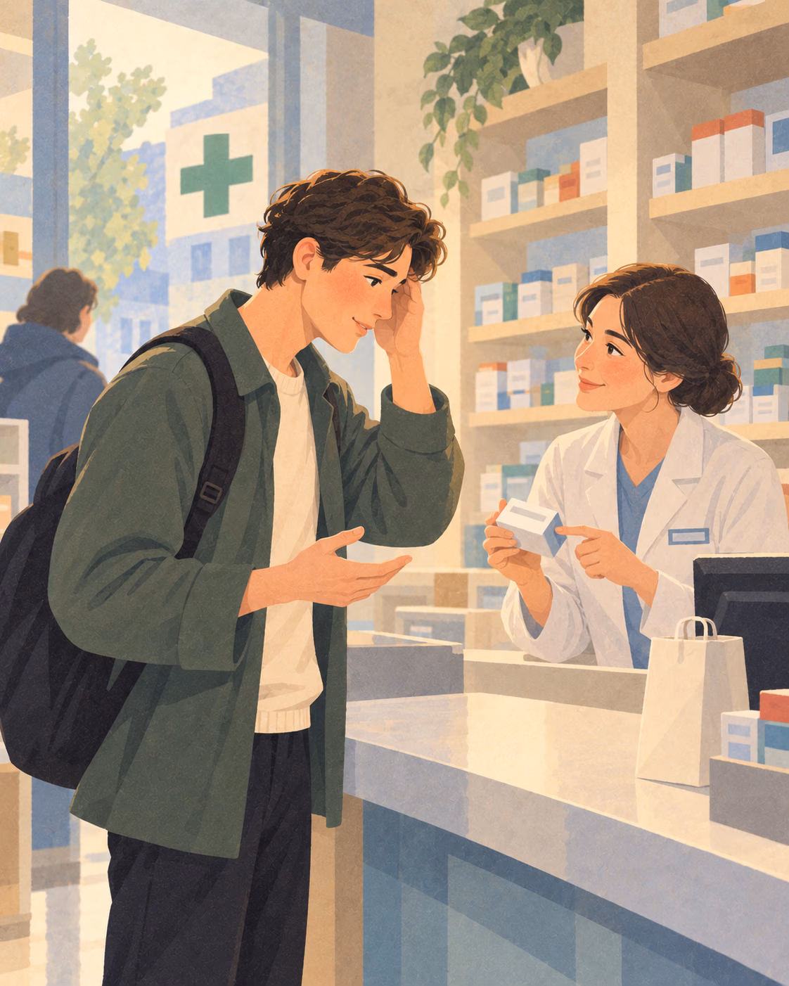A visitor with a headache receives a packet of tablets from a pharmacist.