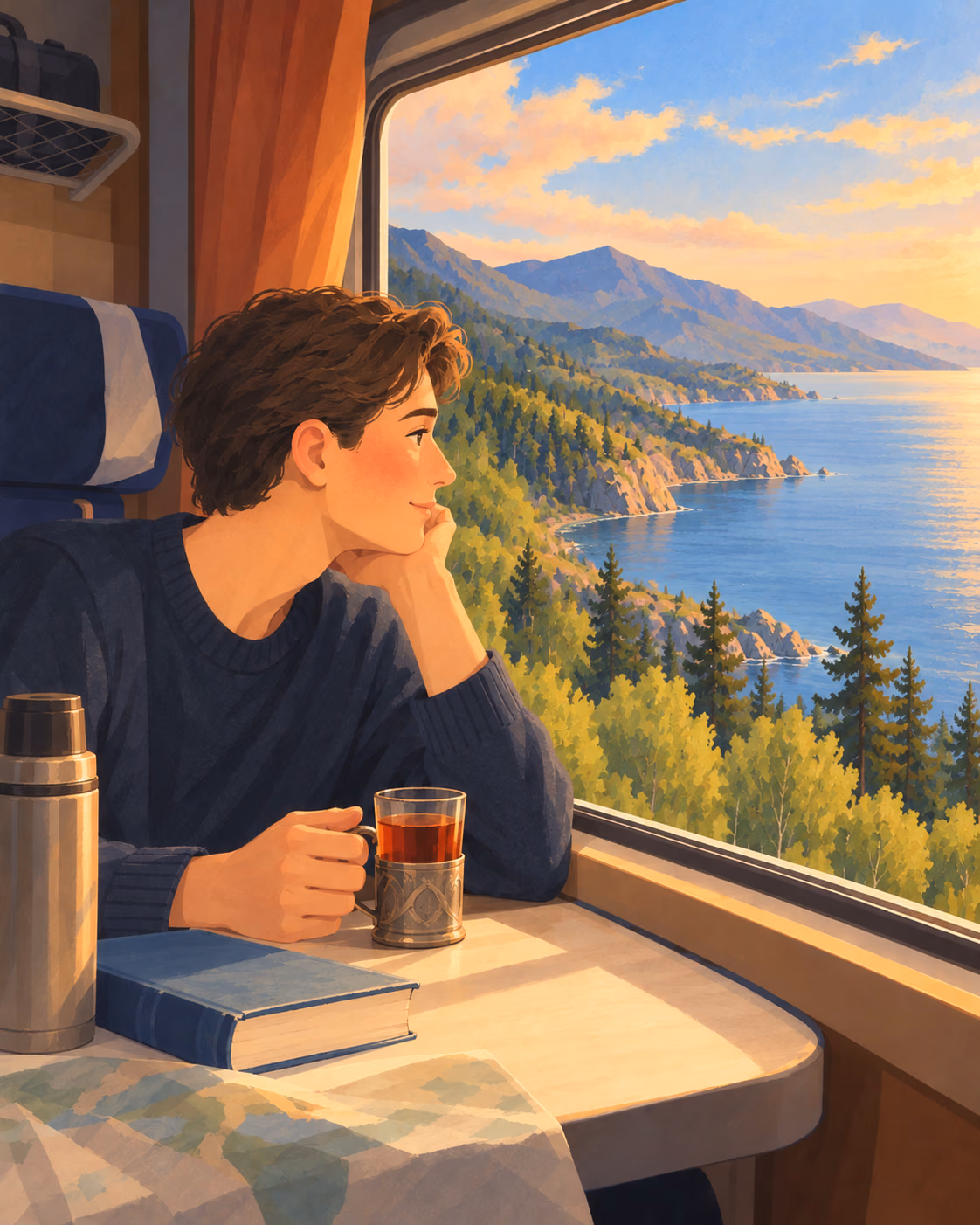 A person with wavy brown hair rests their chin on one hand beside a train window overlooking a lake and forested mountains at sunset. A glass of tea, thermos, book and map sit on the table.