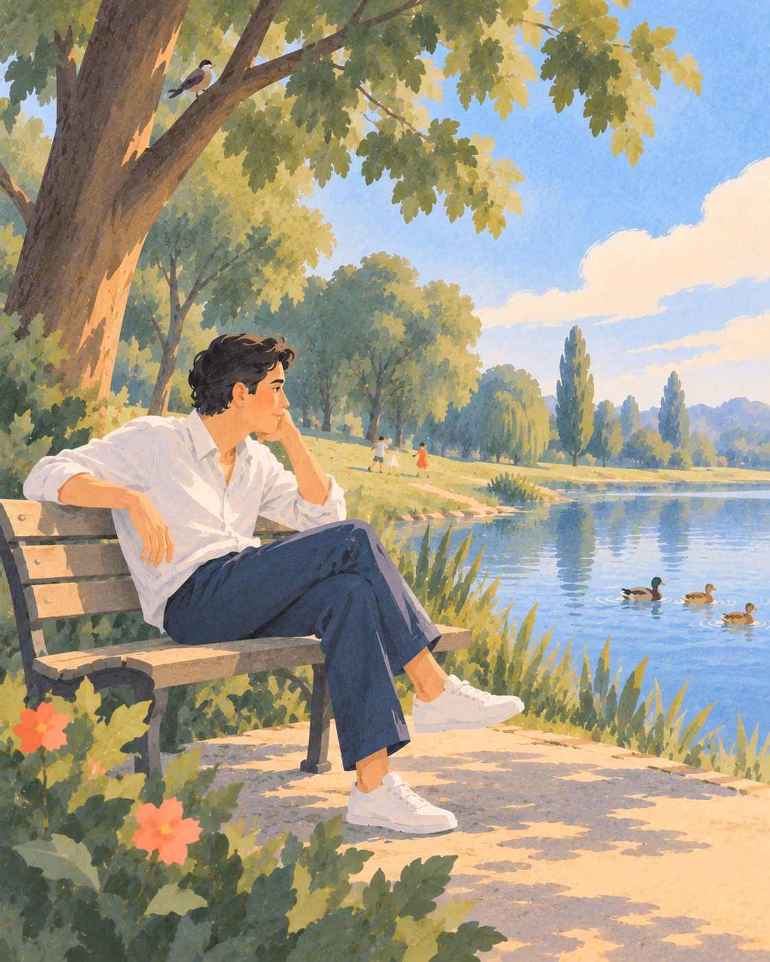 A visitor rests on a park bench overlooking ducks on a lake.